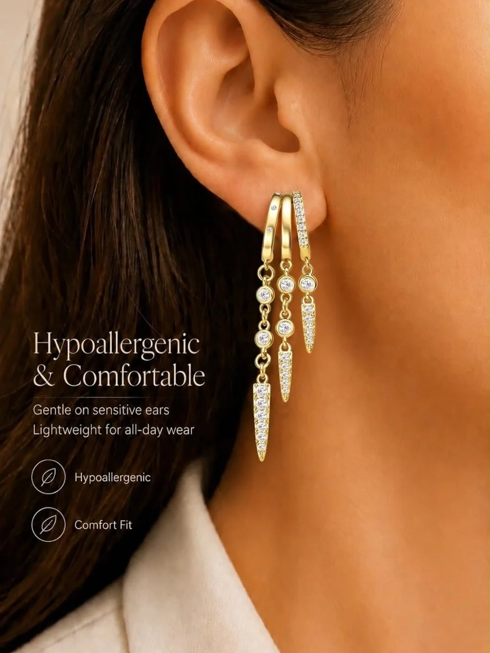 Anthropologie Gold Tone Pavé Triple-Drop Spike Hoop Earrings